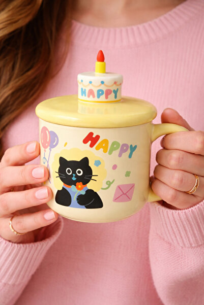 matheon Happy Themed Cat Ceramic Mug – Design with Lid and Candle Figure – 40...