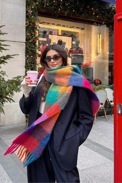 stravis Tasseled Colorful Square Patterned Soft Textured Shoulder Shawl Scarf