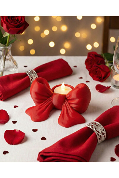 LUBIKO STUDIO Dekoratif Kırmızı Fiyonk Mumluk/Coquette Tasarım Led Uyumlu Tea...