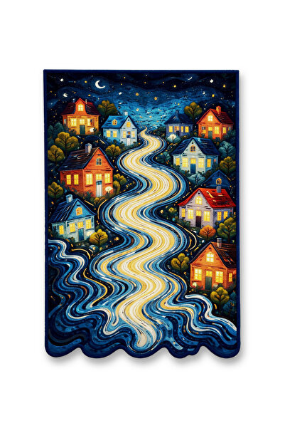 Rugs Modern Halı MOSSO Gece Temalı Nehir ve Evler Desenli Dokuma Taban Modern...