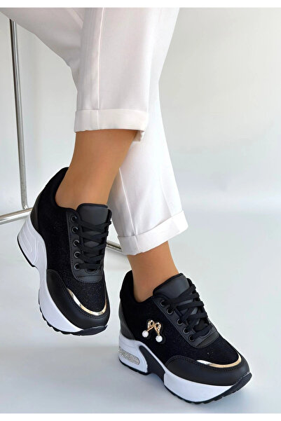 Ethab Ticaret Wody Black Leather Glitter Lace-Up Sneakers
