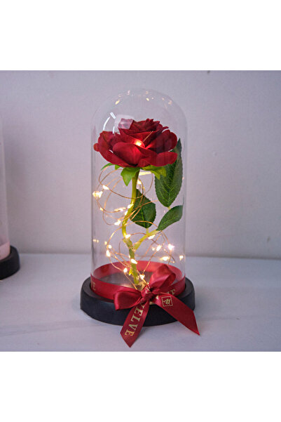 velve Trandafir artizanal in cupola, pe blat negru, LED, Rosu