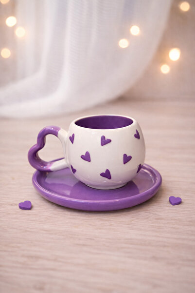 SırART Kalp Kulp Mor Tabak - Kalp'Li Special Embossed Hand-Embroidered 2-Piec...