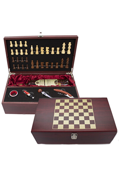 velve Set cadou King, cutie din lemn cu piese pentru șah, 4 accesorii de Vin,...