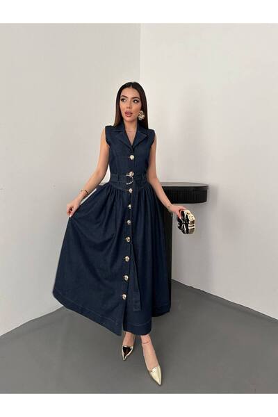 MODAGK Button Detailed Belted Maxi Length Denim Dress