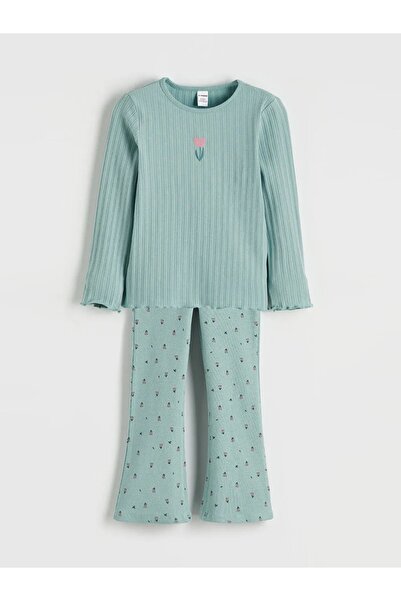 LC Waikiki Lcw Baby Green Crew Neck Embroidered Girls' T-Shirt and Leggings