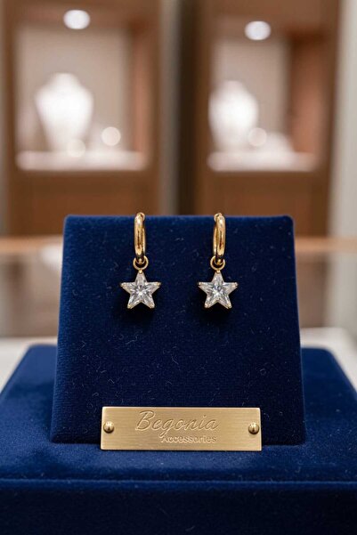 UygunGümüşçülük VIP Çelik Altın Kaplama Sallantı Halka Küpe–Çıkabilir Yıldız|...