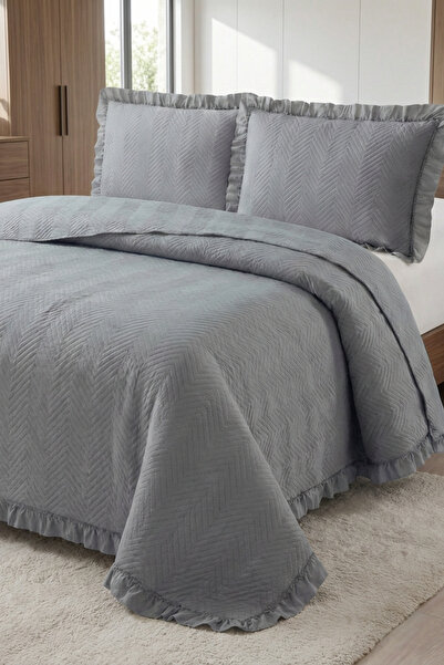 GOLDEN HOME Dubai Gray Jacquard Ruffled Luxury Double Bedspread Set Pique Qui...