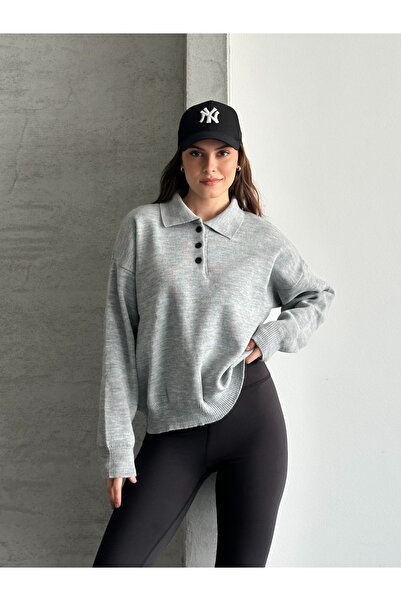 FERZOLAİO Button Detailed Polo Neck Gray Knitwear Sweater