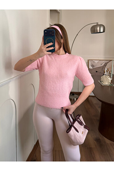FERZOLAİO Pink Soft Sweater with Elastic Waist and Half Sleeves