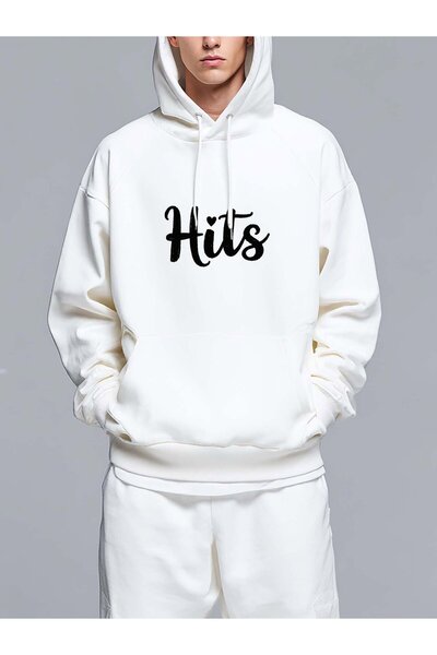 MIXSNOW Word Hits in white on black - Men's Printed Hooded Oversize Sweatshirt