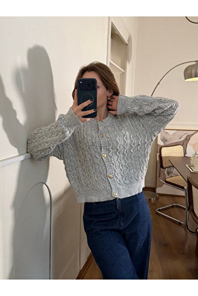 FERZOLAİO Gray Knit Cardigan with Braided Gold Buttons