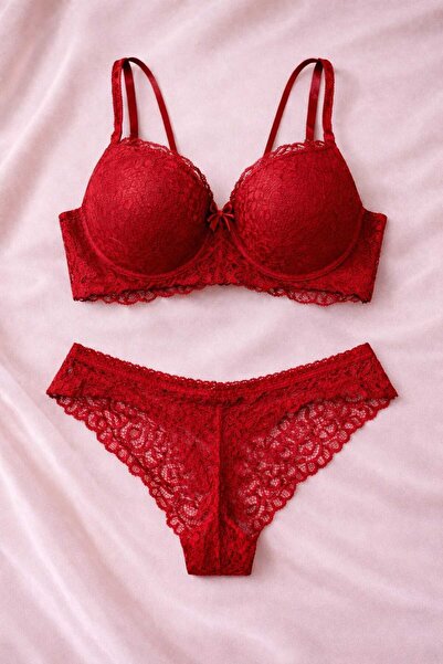 SOLENIA Women's Intensely Padded Push-Up Lace Piece Balconette Bra and Panty Set