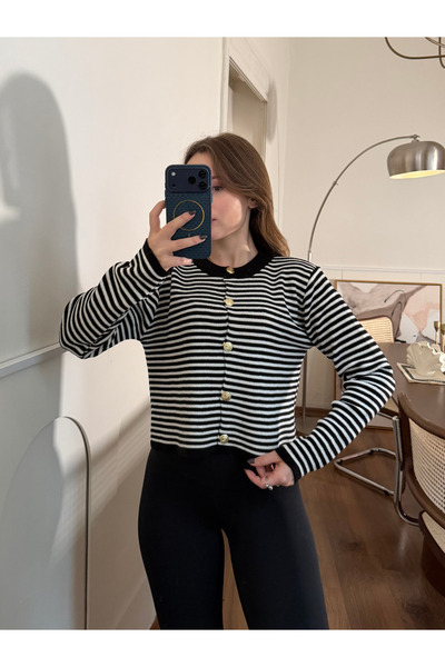 FERZOLAİO Striped Black Sweater Cardigan