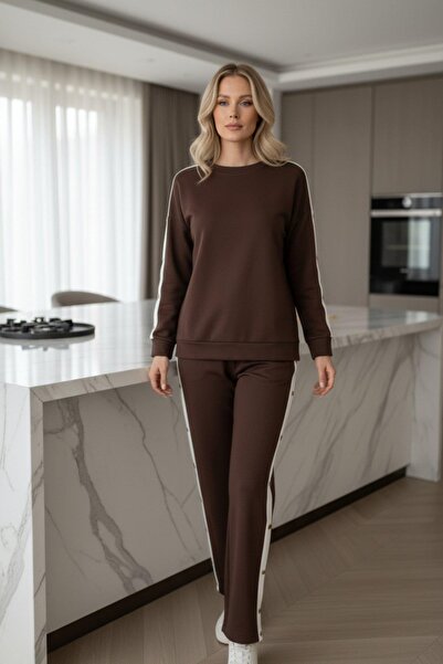 Mossta Wide Leg Striped Detail Two Thread Suit - Brown