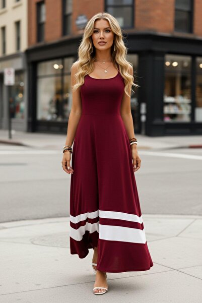 Mossta Double Stripe Viscose Dress with Cross Back Detail - Burgundy
