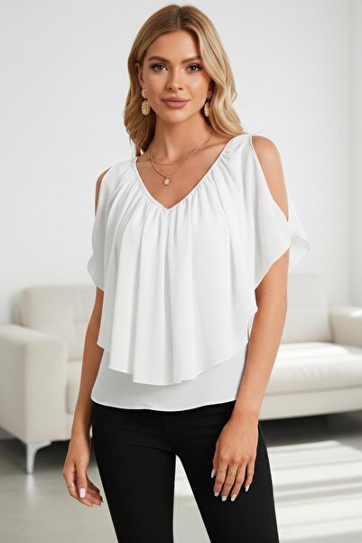 Mossta Bluză din șifon fluidă, cu umerii decupați - Albă
