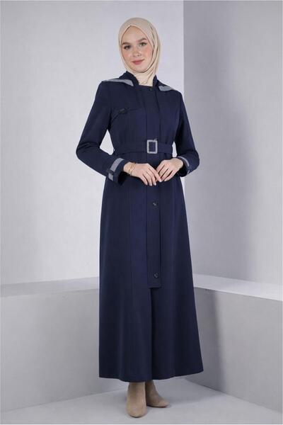 TRENDTESETTÜR KADIN LACİVERT KEMERLİ PARDESÜ T 10673
