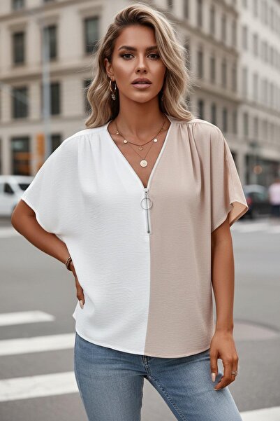 Mossta Bluză Aerobin cu mânecă scurtă, cu decolteu în V, în culori bloc, conf...