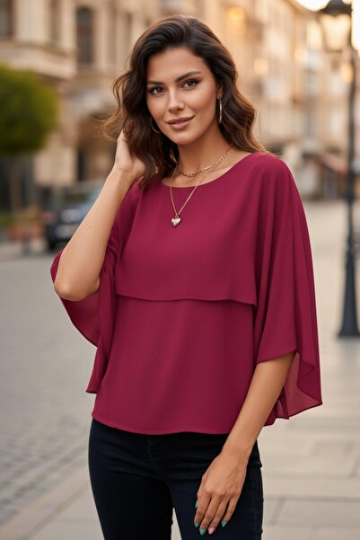 Mossta Minimalist Cape Cut Modern Sandy Blouse - Red