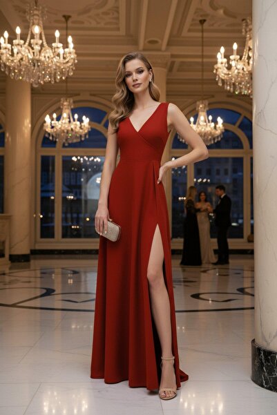 Mossta V-Neck Double-Breasted Cut Deep Slit Long Imported Crepe Dress - Red