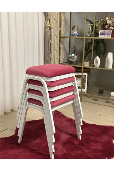 Gökçem Dekoratif Tabure 4 Adet Beyaz Ayak Pembe Silinebilir Kumaş Yeni Trend ...