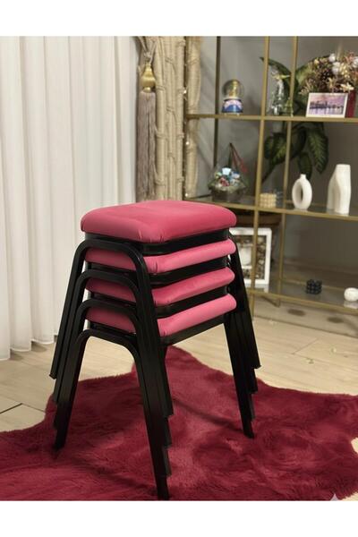 Gökçem Dekoratif Tabure 4 Adet Siyah Ayak Pembe Silinebilir Kumaş Yeni Trend ...