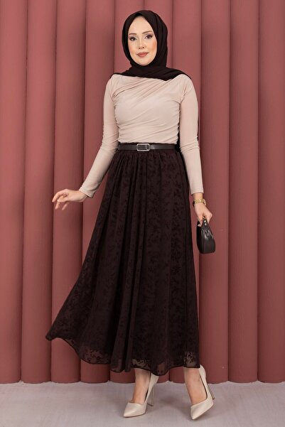 EBRUTESETTÜR Flock Pattern Belted Tulle Skirt Brown