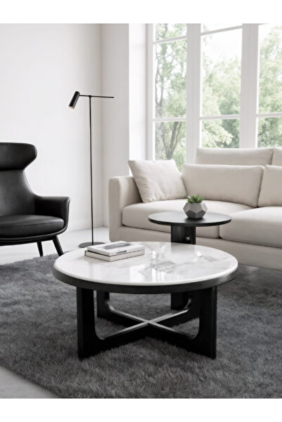 BEC49 Modern 2-piece coffee table set - luxurious marble top and geometric wo...