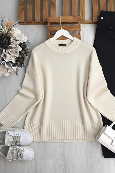 ZEROGAPRİSE Women's Crew Neck Oversized Fleece-Lined Knitwear Sweater