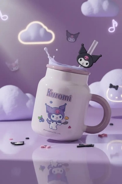 SANRIO Lisanslı Kuromi Kapaklı ve Pipetli Seramik Kupa 410 ml