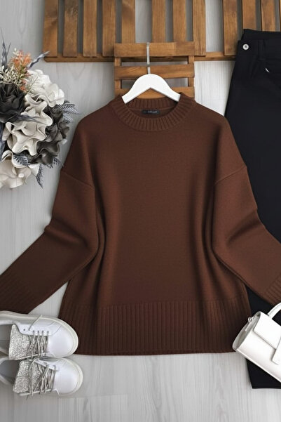 ZEROGAPRİSE Women's Crew Neck Oversized Fleece-Lined Knitwear Sweater