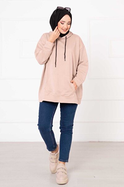 EBRUTESETTÜR Kangaroo Pocket Hijab Sweatshirt Beige