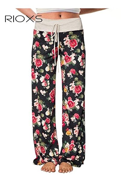 RIOXS Women's Wide Leg Floral Pants, Casual Comfy Stretch Lounge Pants With P...