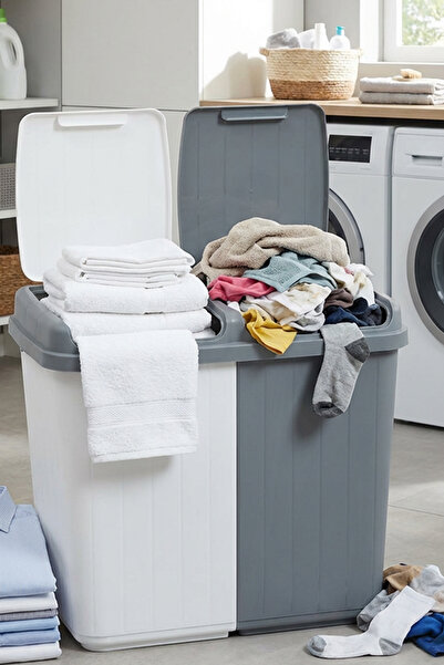 Homekolik İki Bölmeli Kirli Çamaşır Sepeti 80 Litre Büyük Boy – Kapaklı Plast...