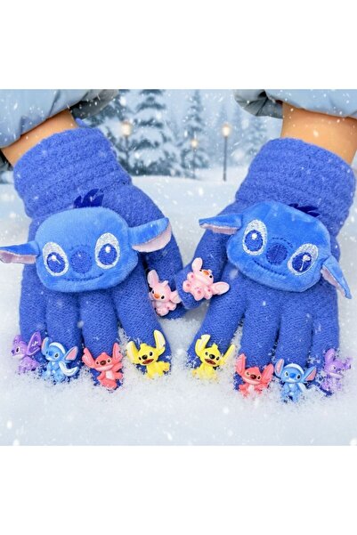 EliraToka Stitch Figürlü Parmakları Oyuncaklı Mavi Örme Peluş Kışlık Çocuk El...