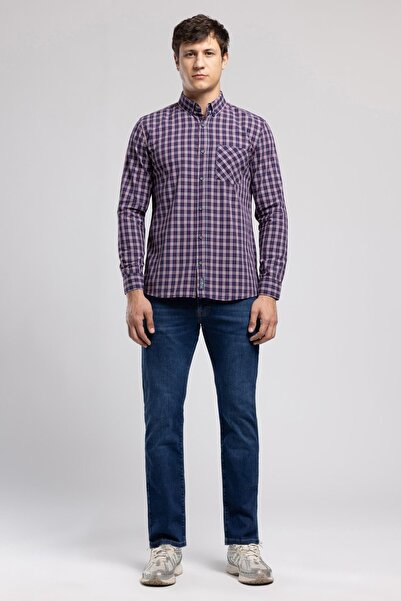 Lee Cooper Pired 1 men's long sleeve plaid shirt navy blue burgundy