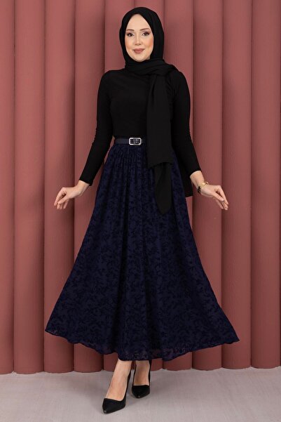 EBRUTESETTÜR Flock Pattern Belted Tulle Skirt Navy Blue