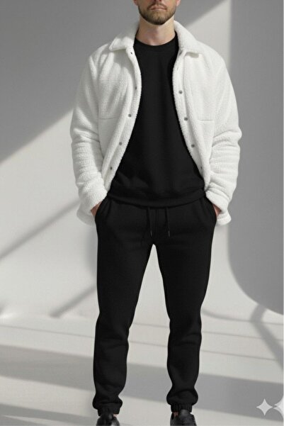 CAST COLLECTİON Men's Black-White 3-Piece Crew Neck Tracksuit Horse Plush Jac...