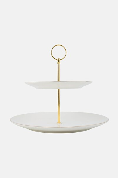 Catherine Malandrino Fine Bone China 2 Tier Serving Stand With Gold Rim, White