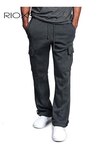 RIOXS بنطال رياضي رجالي فضفاض بجيوب متعددة، مصنوع من القطن السميك، بقصة واسعة...