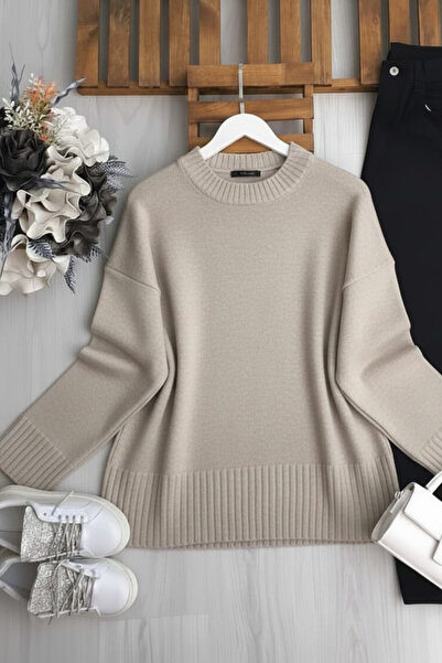ZEROGAPRİSE Women's Crew Neck Oversized Fleece-Lined Knitwear Sweater