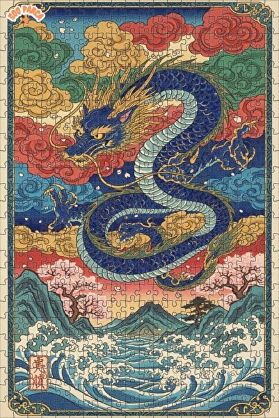 Teona Ahşap لغز خشبي بإطار ذو طابقين بمظهر فني للتنين الأزرق 500 قطعة 50x30