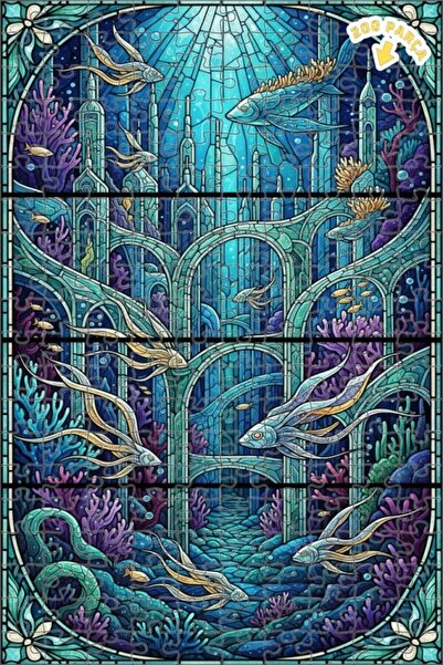 Teona Ahşap لغز خشبي مؤطر من طابقين بتصميم قلعة سحرية تحت الماء مع زجاج ملون ...