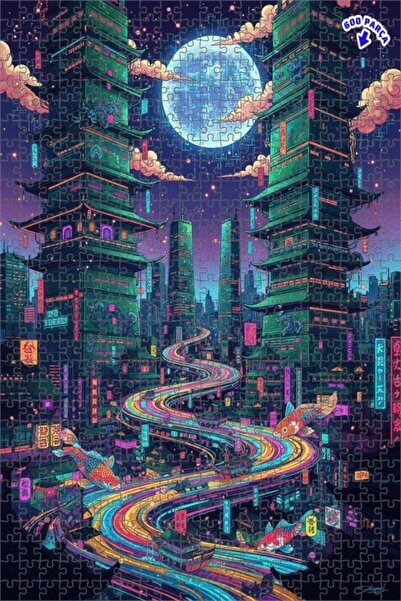 Teona Ahşap لوحة زيتية لأسماك الكوي الطائرة في مدينة النيون، لغز خشبي بإطار م...