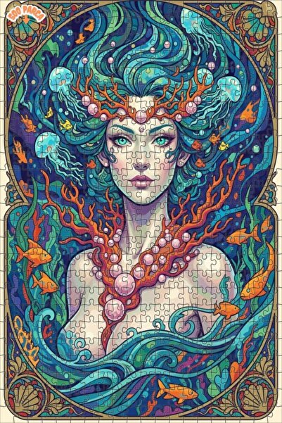 Teona Ahşap لوحة فنية لحورية البحر بمظهر لوحة زيتية، بازل خشبي مؤطر بطبقتين 5...