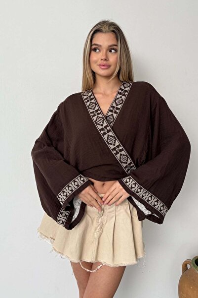 JEE LEE Women's Tie Detailed Embroidered 100% Cotton Kimono Brown - 26Y 7014