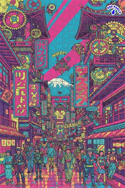 Siberpunk Japonya Sokakları Yağlı Boya Görünümlü Çift Katlı Çerçeveli Ahşap Puzzle 600 PARÇA 50x35