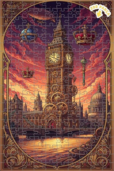 Teona Ahşap Büyük Saatli Kule Steampunk Sanatı Çift Katlı Çerçeveli Ahşap Puz...