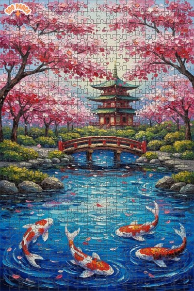 Teona Ahşap لغز خشبي فني ياباني بتصميم حديقة مع أسماك الكوي، 500 قطعة، 50×30 سم